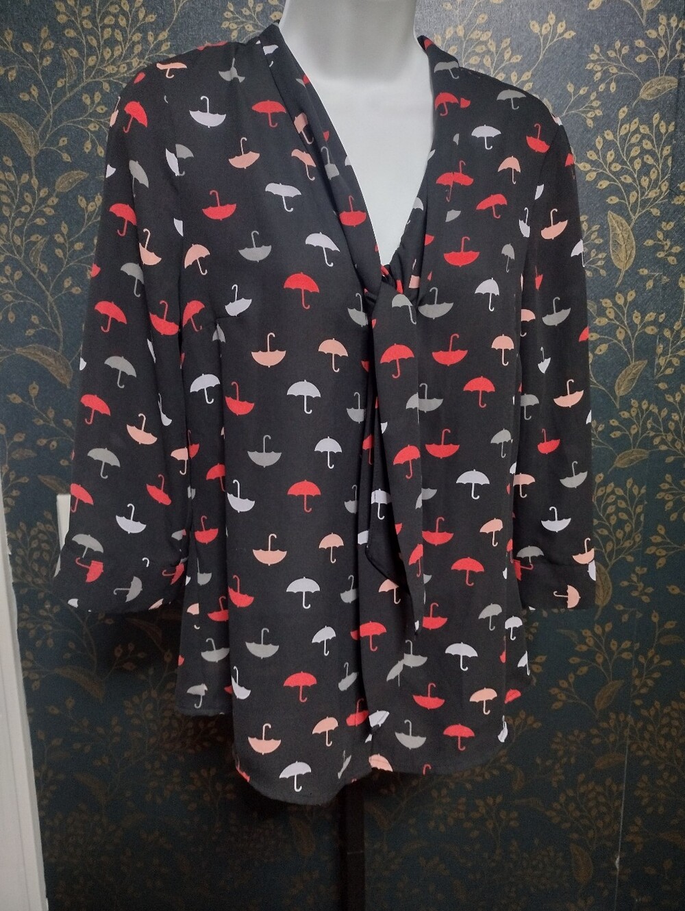 Modcloth Black Umbrella-Print Tie-Neck Blouse with Red and Pink Accents